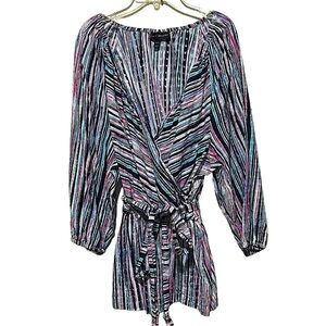 LANE Bryant Women's Striped Faux Wrap Elastic Waist 3/4 Sleeve Top Cotton 26/28